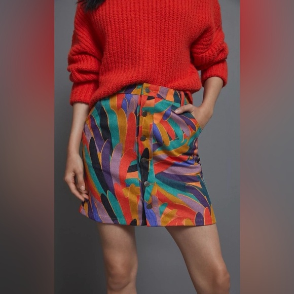 Anthropologie Dresses & Skirts - FARM Rio x Anthropologie Corduroy Mini Skirt Size S Button Front Tropical Print